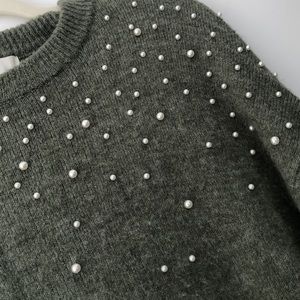 H&M Sage Green Knit Pearl Oversized Sweater - XS